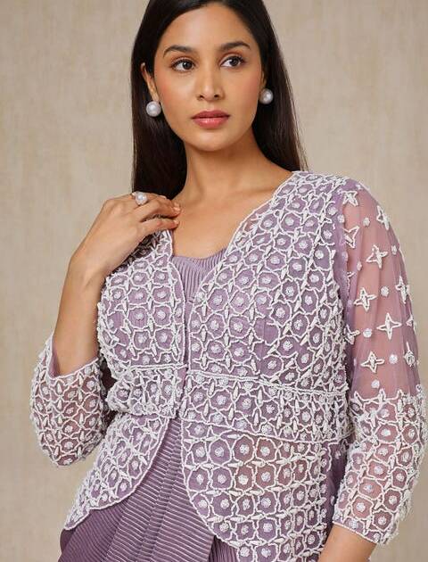 Lavender Satin Embellished Ready-To-Wear Saree With Jacket
