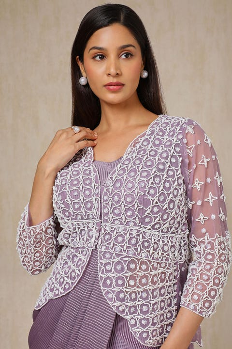 Lavender Satin Embellished Ready-To-Wear Saree With Jacket