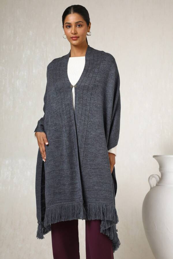Charcoal Acrylic Woven Design Shawl with Abstract Pattern
