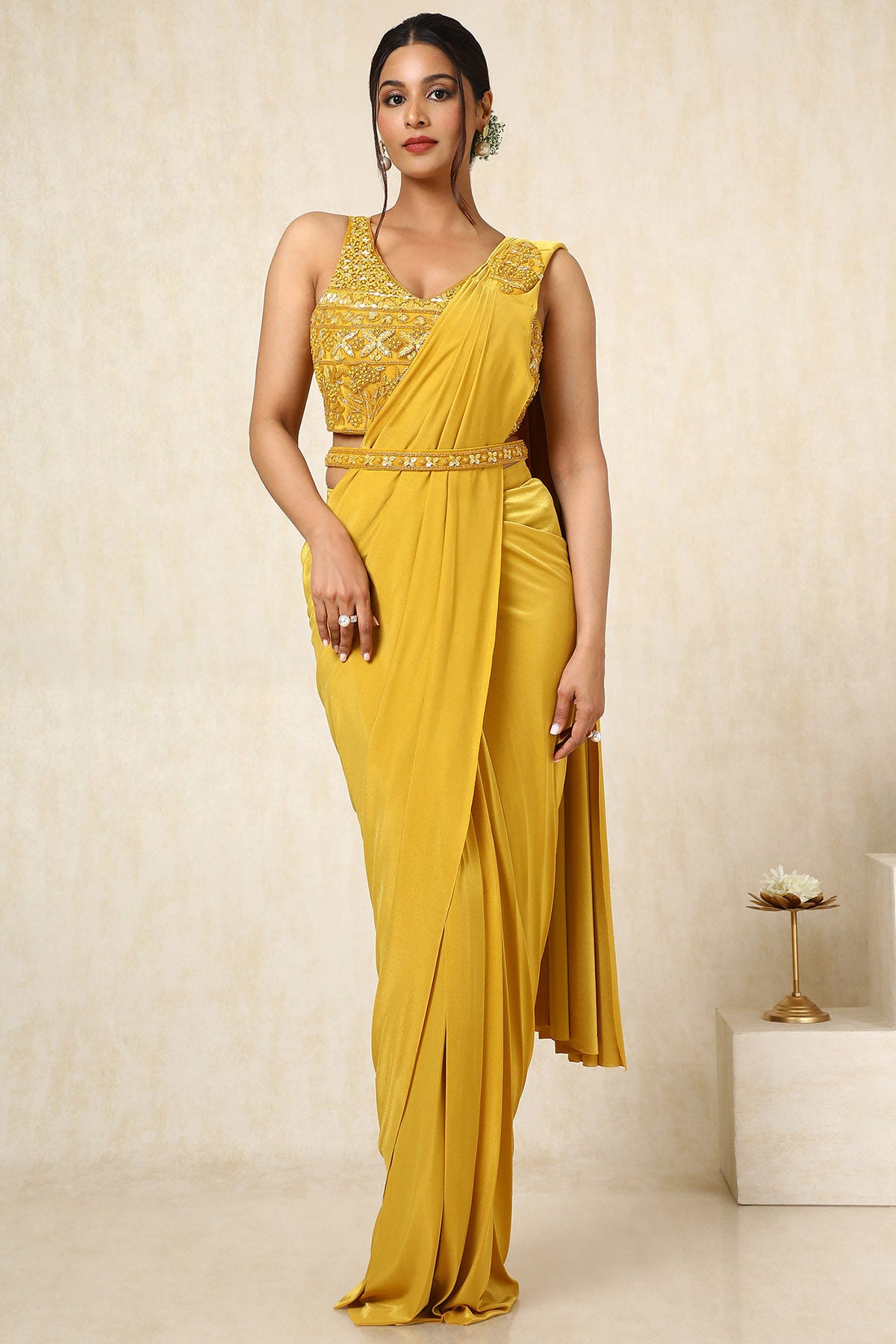 Mustard Nylon Blend Sequin Embellished Ready-To-Wear Saree