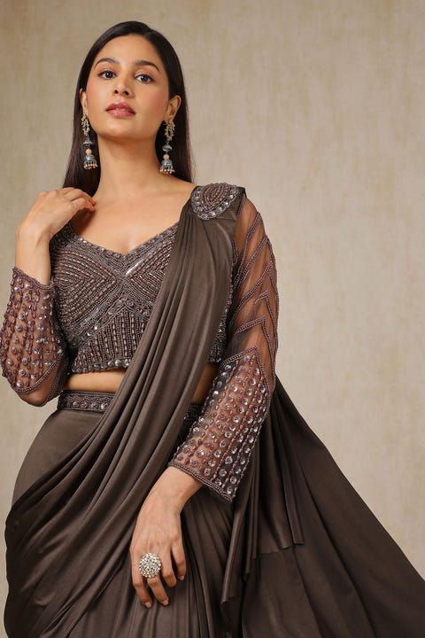 Brown Beads Embellished Nylon Blend Ready-To-Wear Saree