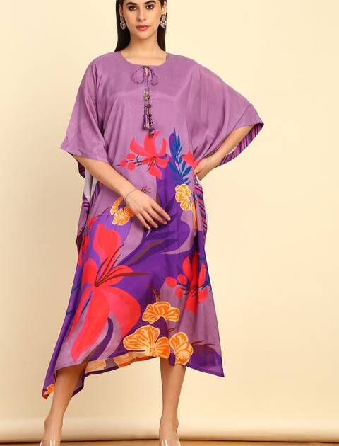 Purple Floral Printed Muslin Kaftan With Tassels