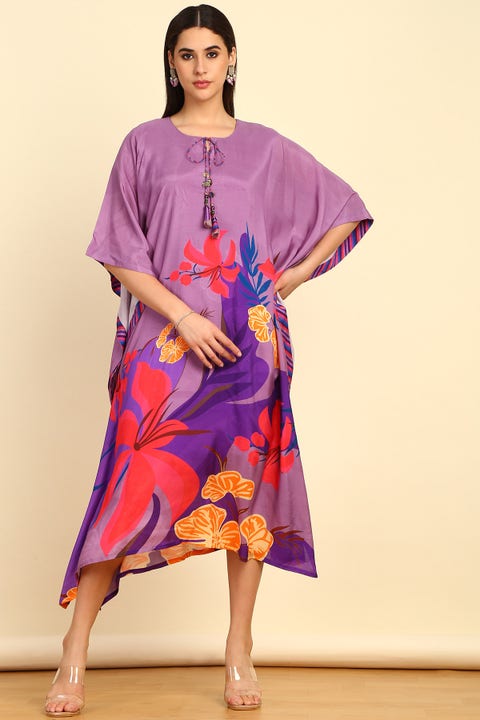 Purple Floral Printed Muslin Kaftan With Tassels