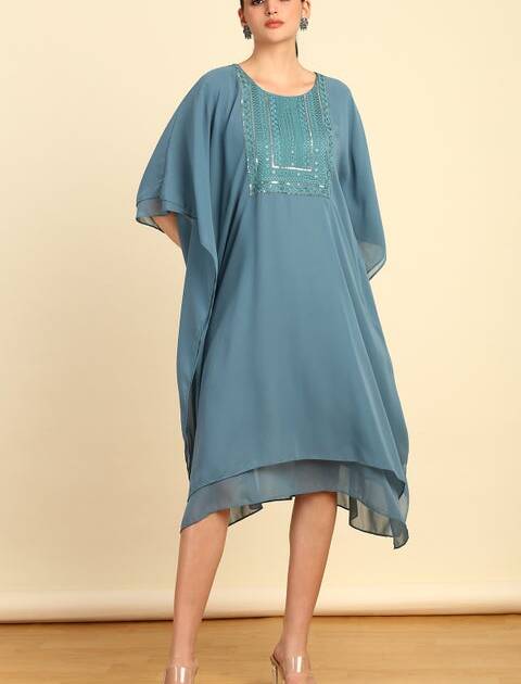 Teal Yoke Embroidery Georgette Kaftan With Sequins