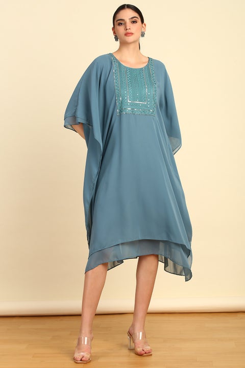 Teal Yoke Embroidery Georgette Kaftan With Sequins