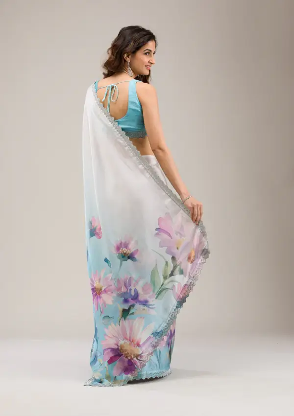 Sky Blue Stonework Satin Saree - Image 2