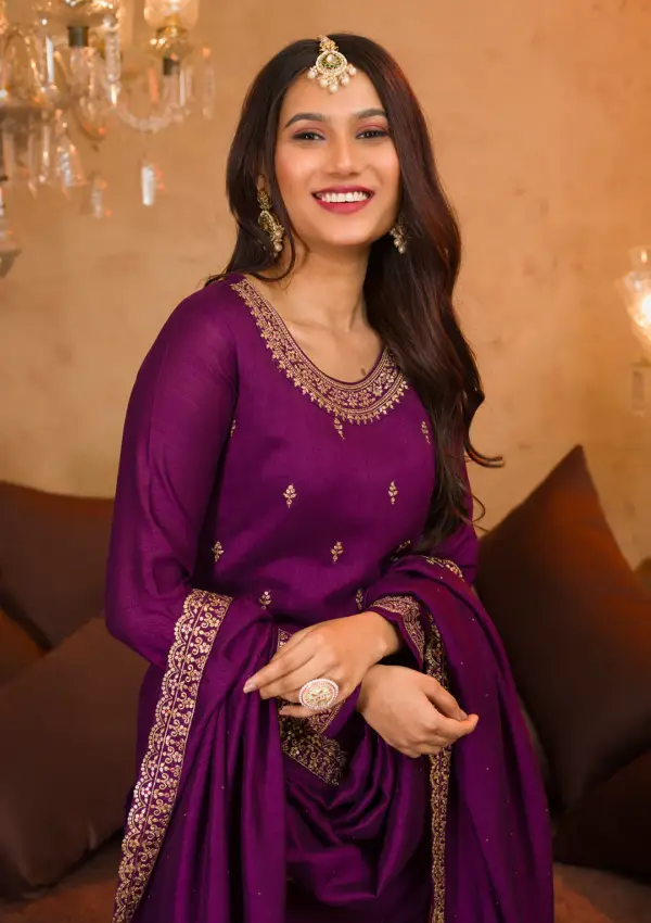 Purple Zariwork Raw Silk Readymade Sharara Suit
