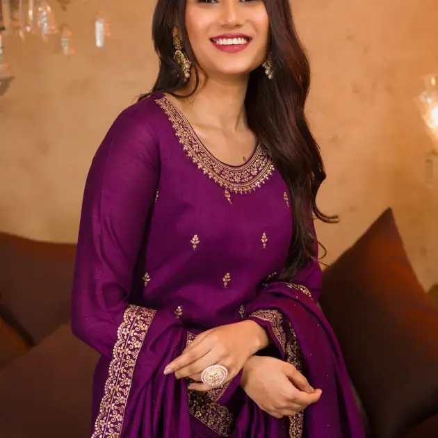 Purple Zariwork Raw Silk Readymade Sharara Suit