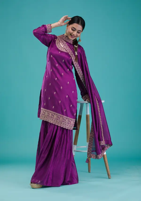 Purple Zariwork Raw Silk Readymade Sharara Suit - Image 2