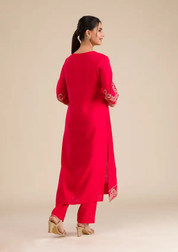 Red Zariwork Semi Crepe Readymade Salwar Suit - Image 2