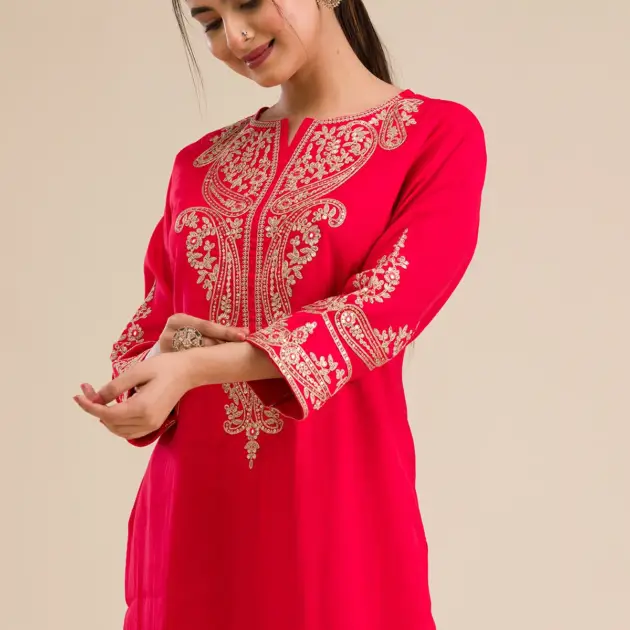 Red Zariwork Semi Crepe Readymade Salwar Suit